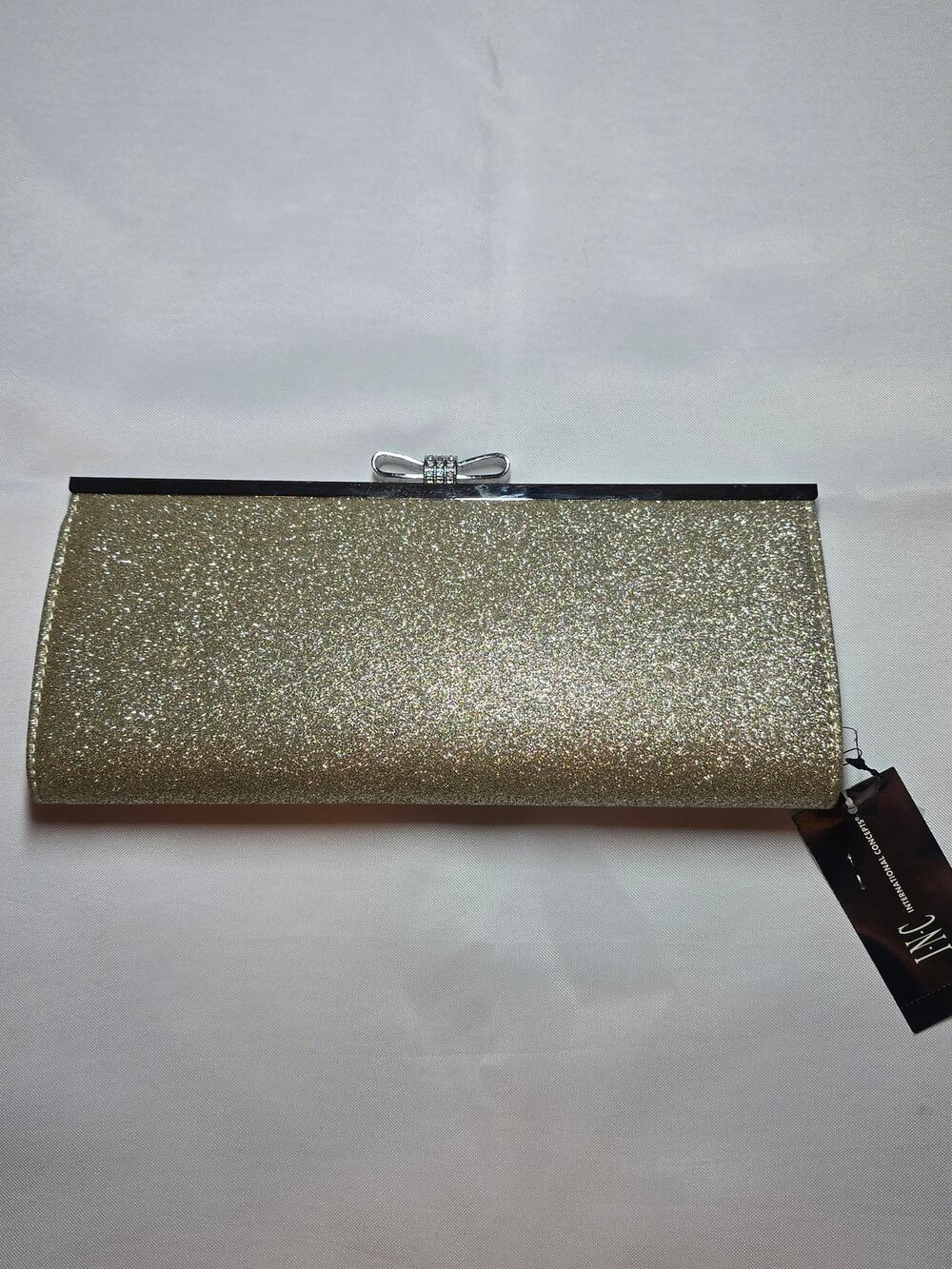 I.N.C. Carolyn Gold Glitter Clutch with Crystal Bow